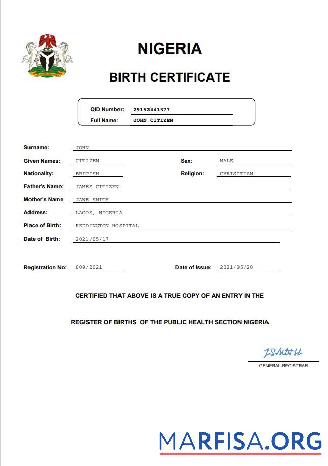 Printable Nigeria vital record birth certificate template in Word and PDF format, completely editable